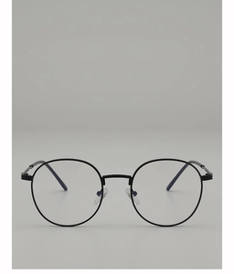 Close-up of minimalist black round metal eyeglass frames with slim temple design