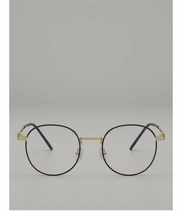 Detailed close-up of retro round glasses frame with black and gold metallic finish