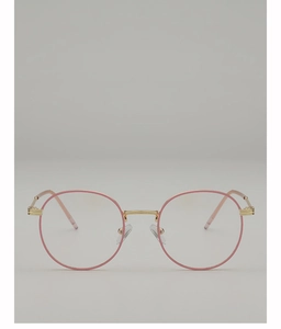 Front view of pink and gold retro round glasses frames with clear lenses and nose pads