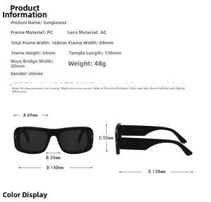 Detailed size chart for square sunglasses showing frame dimensions and PC material specs