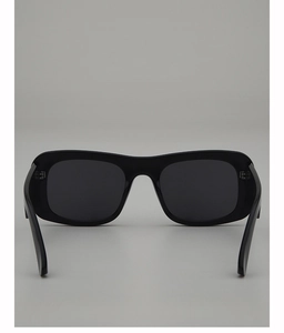 Detailed back view of square black sunglasses showing metal hinges and resin frame