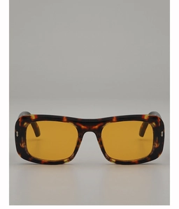 Front view of retro rectangular sunglasses with leopard print frame and orange lenses