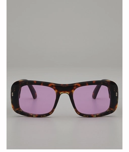 Front view of rectangular tortoise shell sunglasses with purple tinted lenses