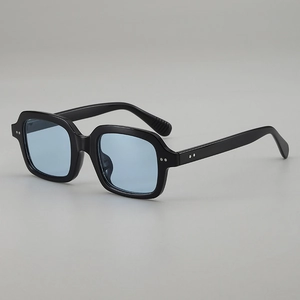 Retro black square sunglasses with light blue lenses and silver rivet accents