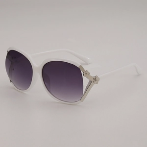 Oversize white square sunglasses with purple gradient lenses and silver flower hinges