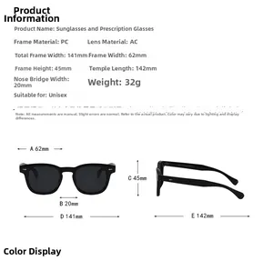 Detailed size chart for unisex round sunglasses with PC frame and AC lens measurements