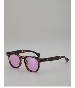 Detail of tortoise shell frames with purple lenses and silver diamond rivets