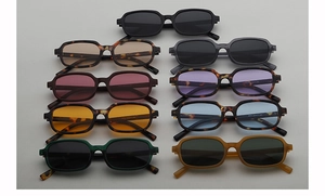Multiple colors of rectangular retro sunglasses with various lenses and frame tints