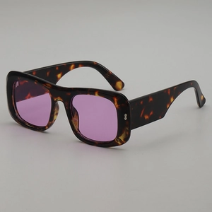 Retro square tortoiseshell sunglasses with purple gradient lenses and silver rivet studs