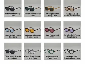Collage of square sunglasses in twelve different frame colors and lens tints