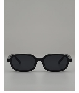 Front close-up of retro black rectangular sunglasses with dark grey polarized lenses
