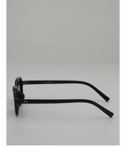 Detail view of black square sunglasses temple with silver rivets and size markings