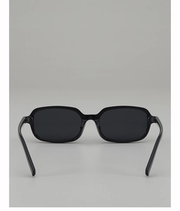 Close-up of sleek black rectangular sunglasses with glossy finish and dark lenses