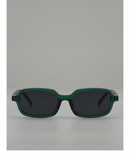Front view of small square dark green sunglasses with translucent frames and gray lenses