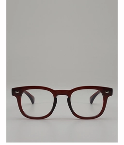 Detailed view of dark red round sunglasses with vintage silver arrow rivets on the frame