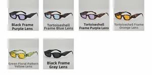 Collage of cat eye sunglasses in various frame colors and tinted lenses for retro style