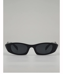 Detailed front view of black rectangular sunglasses with thick frames and dark lenses
