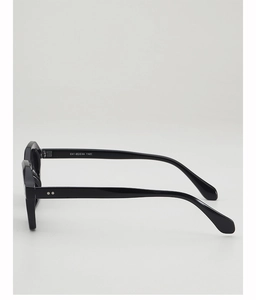 Detail of black geometric sunglasses arm with silver rivets and size specs