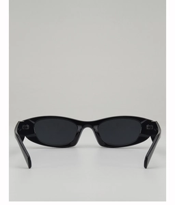 Detail of glossy black cat-eye sunglasses temple featuring white specification printing