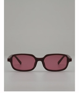Close-up of square burgundy thick frame sunglasses with gradient rose pink lenses