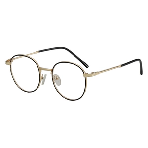 Retro round glasses frame in black and gold finish shown from a 45-degree angle
