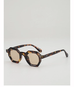 Detail of tortoiseshell hexagonal sunglasses with brown lenses and silver rivets