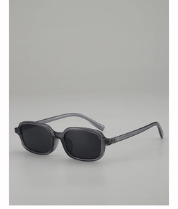Detail view of transparent grey square sunglasses frame with 3970 specification text