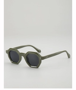 Detail of olive green octagonal sunglasses featuring double metal rivet accents on temples