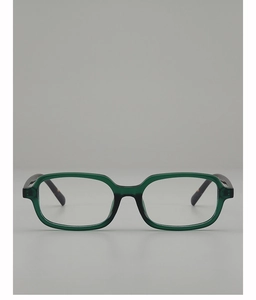 Detail of dark green square sunglasses with tortoise shell patterned temples and glossy finish
