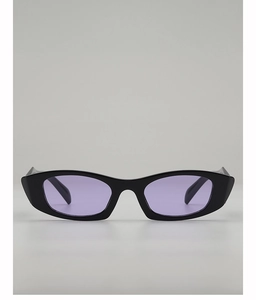 Detailed front view of small cat-eye sunglasses with black frame and purple lenses