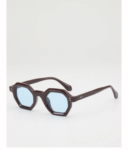 Detail of hexagonal brown frame sunglasses with light blue lenses and metal accents