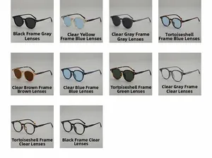 Detail view of oval retro sunglasses in multiple colors including black and tortoise shells