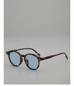 Detailed macro view of vintage tortoise frame sunglasses with light blue lenses and silver studs