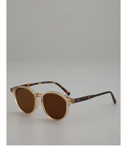 Detail of oval retro sunglasses featuring champagne frames and tortoiseshell temples
