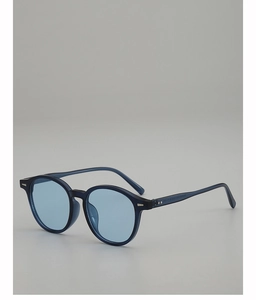 Detail of blue oval sunglasses showing silver rivets and inner temple specifications