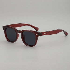 Retro burgundy round sunglasses with vintage silver rivets and dark grey lenses