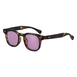 Vintage round tortoiseshell sunglasses with transparent purple lenses and silver rivets