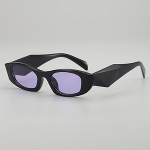 Chic cat eye sunglasses with thick black frames and geometric temples with purple lenses
