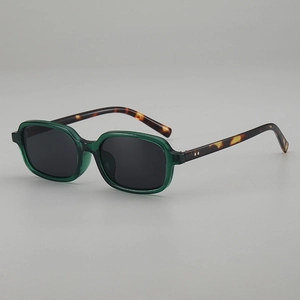 Retro small square sunglasses with dark green frames and tortoise shell patterned temples