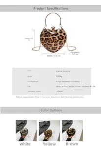 Detailed size chart and multi-color options for leopard print heart-shaped hard shell clutch bag