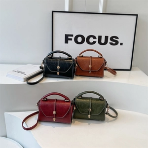 Vintage Women PU Leather Handbag Contrast Stitching Crossbody Shoulder Bag Top Handle Golden Metal Buckle Retro Square