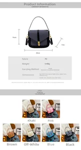 Detailed size chart and specifications for the PU leather patchwork crossbody saddle bag