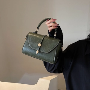 Minimalist forest green oil wax leather crossbody bag with golden buckle for women