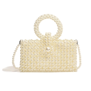 Handmade cream white pearl crossbody bag with beaded handle and oversized pearl clasp