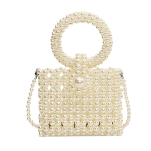 Handmade pearl beaded handbag with circular handle and long shoulder chain strap