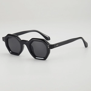 Retro black octagon thick frame sunglasses with dark grey lenses in 45-degree side view