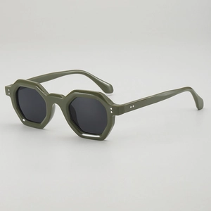 Olive green geometric thick frame sunglasses with dark grey lenses and metal rivets