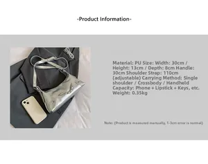 Detailed view of silver metallic PU shoulder bag with dimensions and chain strap info