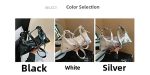 Detailed comparison of Y2K shoulder bags in black patent, white, and metallic silver finishes