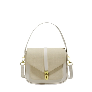 Vintage two-tone cream crossbody saddle bag with textured fabric flap and gold clasp